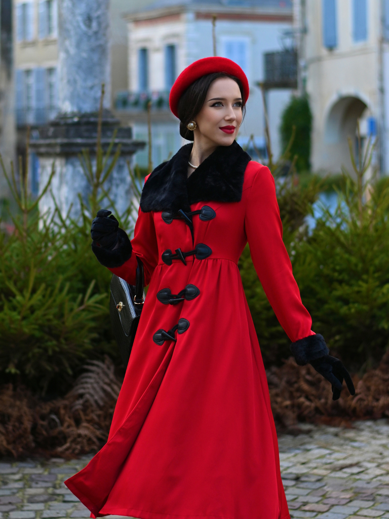 1950s Red And Black Fur Collar Coat | Retro Stage 1950s Red And Black Fur Collar Coat | Retro Stage
