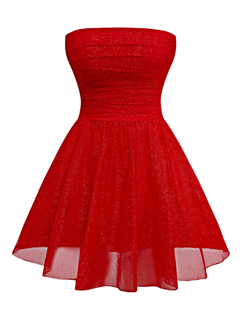 1950s Bandeau Solid Glitter Back Bow Skater Dress - vintage dress, retro fashion, rockabilly