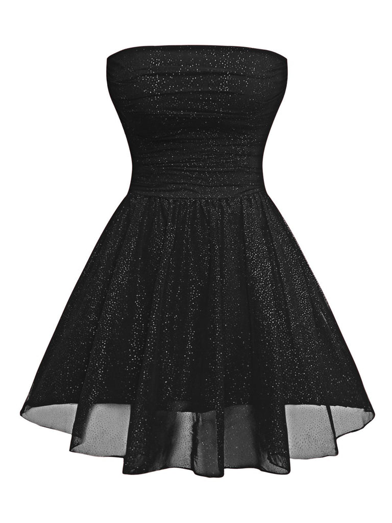 1950s Bandeau Solid Glitter Back Bow Skater Dress - vintage dress, retro fashion, rockabilly