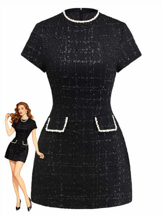 1950s Binding Pearl-Trimmed Collar Tweed Dress - vintage dress, retro fashion, rockabilly