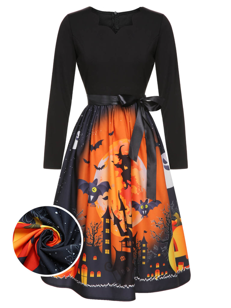 1950s Black Halloween Long Sleeve Swing Dress, vintage dress, retro fashion, rockabilly, pin-up fashion - perfect for women who love vintage and retro fashion