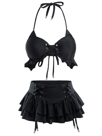 Black 1950s Halter Lace Up Bikini Set & Tiered Cover Up - vintage fashion, retro style, classic black