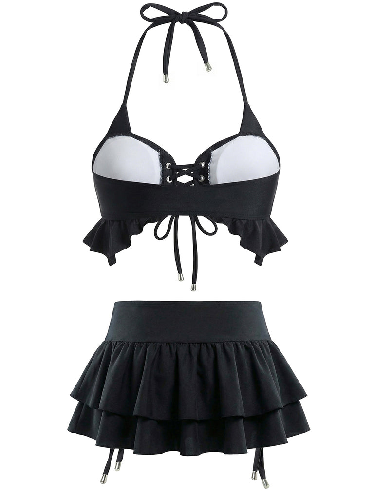 Black 1950s Halter Lace Up Bikini Set & Tiered Cover Up - vintage fashion, retro style, classic black