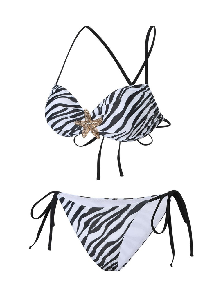 Black & White 1950s Zebra Stripes Starfish Bikini Set - vintage fashion, retro style, classic black