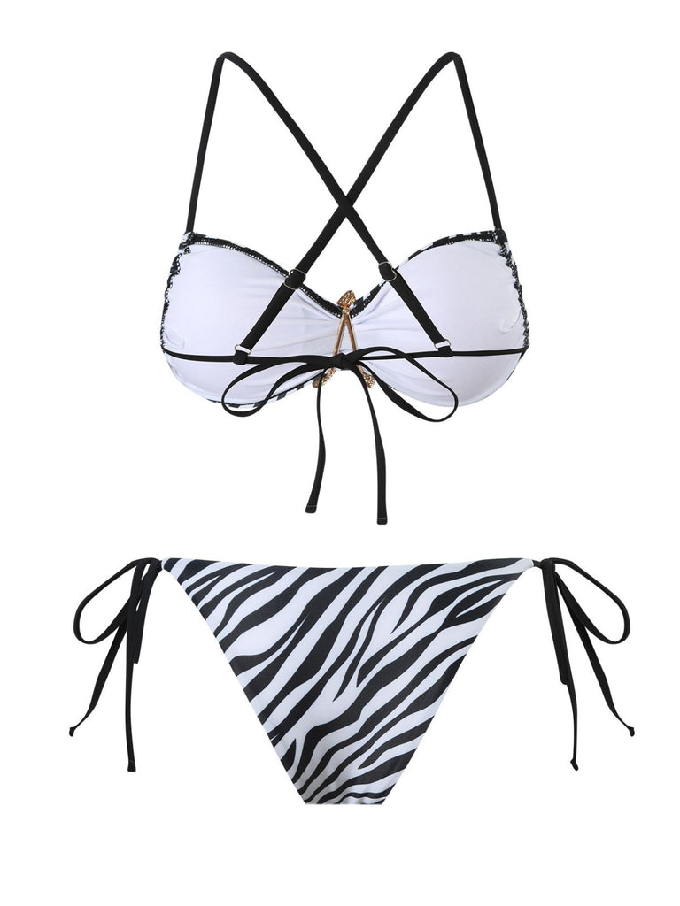 Black & White 1950s Zebra Stripes Starfish Bikini Set - vintage fashion, retro style, classic black