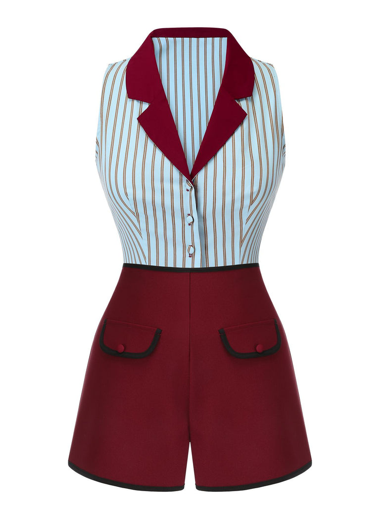 2PCS 1950s Blue Stripes Patchwork Blouse & Red Solid Shorts - vintage fashion, retro style, elegant red