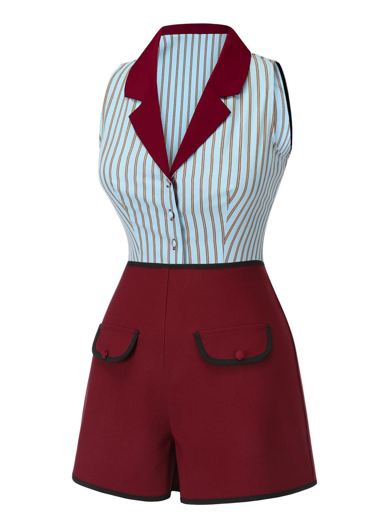 2PCS 1950s Blue Stripes Patchwork Blouse & Red Solid Shorts - vintage fashion, retro style, elegant red