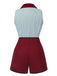 2PCS 1950s Blue Stripes Patchwork Blouse & Red Solid Shorts - vintage fashion, retro style, elegant red