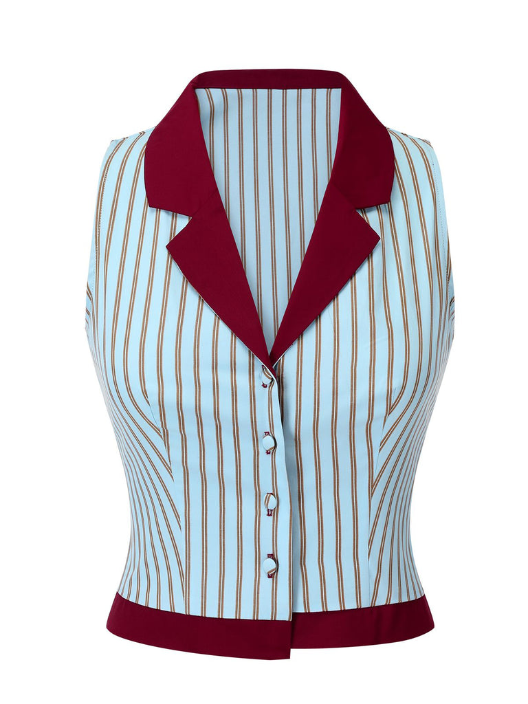 2PCS 1950s Blue Stripes Patchwork Blouse & Red Solid Shorts - vintage fashion, retro style, elegant red