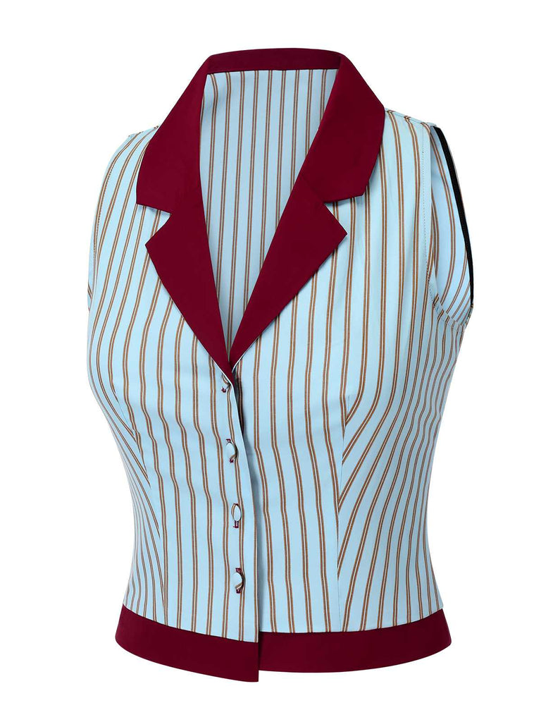 2PCS 1950s Blue Stripes Patchwork Blouse & Red Solid Shorts - vintage fashion, retro style, elegant red