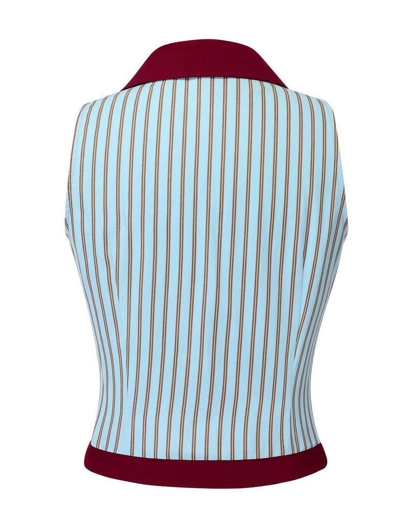 2PCS 1950s Blue Stripes Patchwork Blouse & Red Solid Shorts - vintage fashion, retro style, elegant red