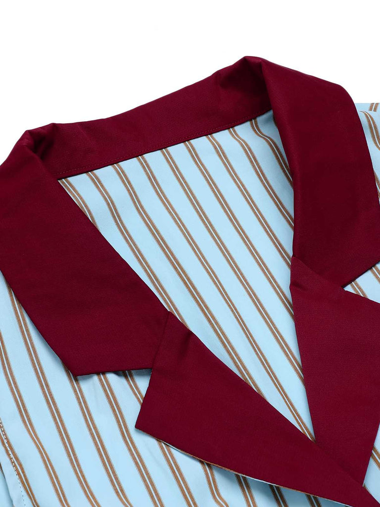 2PCS 1950s Blue Stripes Patchwork Blouse & Red Solid Shorts - vintage fashion, retro style, elegant red