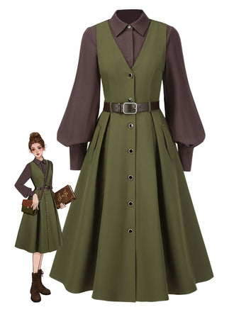 2PCS 1950s Lantern Sleeve Blouse & Pockets Vest Dress - vintage dress, retro fashion, rockabilly