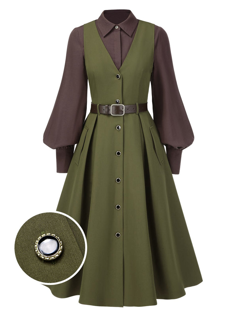 2PCS 1950s Lantern Sleeve Blouse & Pockets Vest Dress