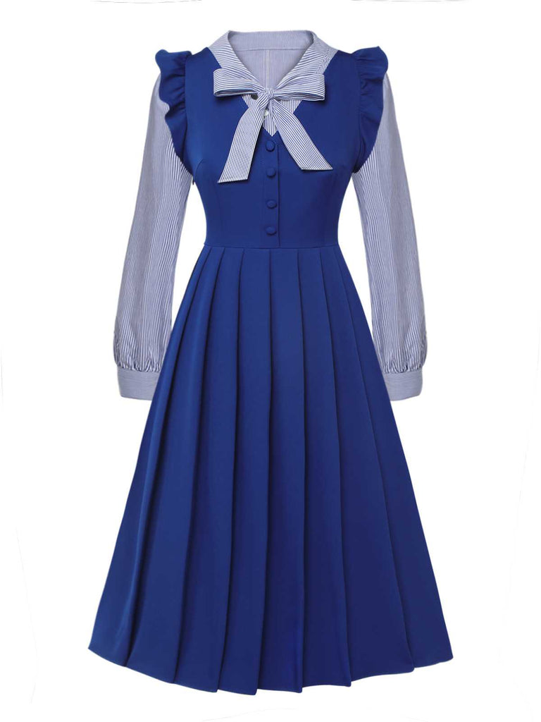 2Pcs Blue 1950s Tie Neck Stripes Blouse & Ruffles Vest Dress - vintage dress, retro fashion, rockabilly
