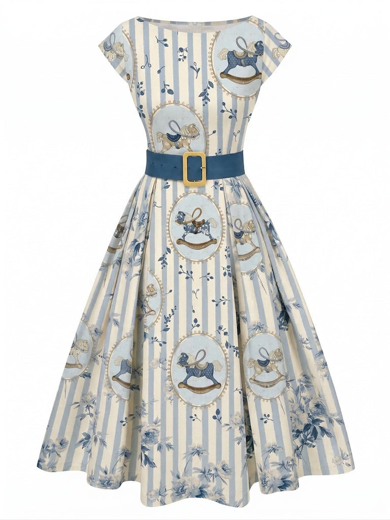 Retro Stage 1950s Boat Neck Floral Belted Swing A-line Dress White&Blue