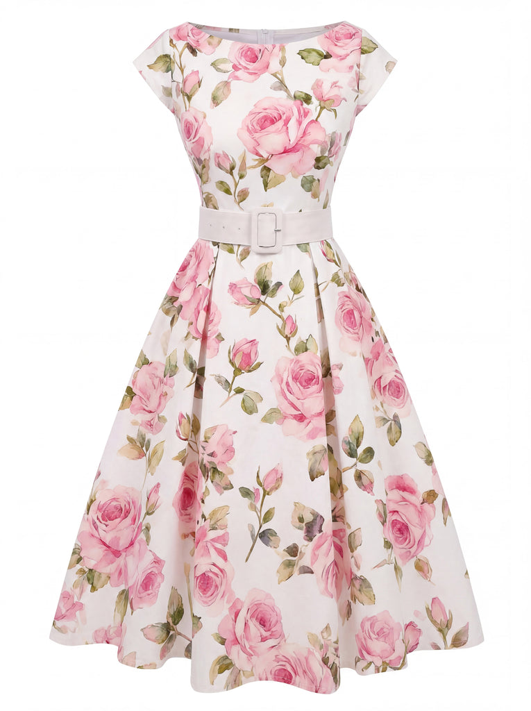 Retro Stage 1950s Boat Neck Antique Floral Swing Dress | Cap Sleeve | A line Tea Party Dress Pink Retro Stage 1950s Boat Neck Antique Floral Swing Dress | Cap Sleeve | A line Tea Party Dress Pink