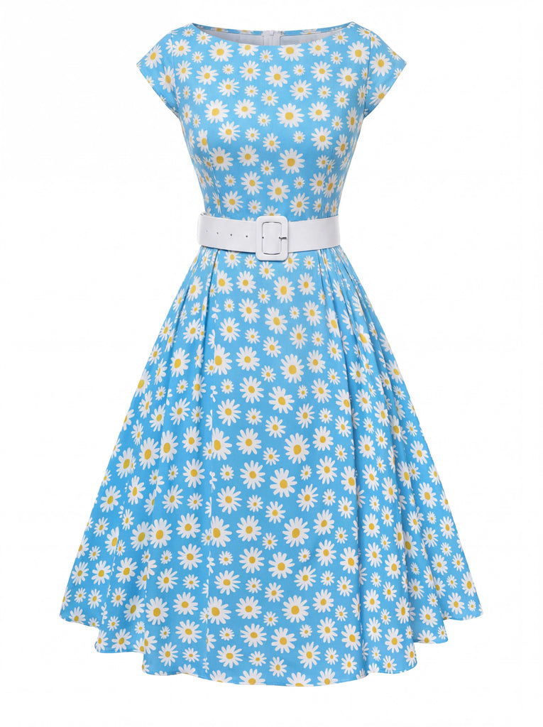 1950s Boat Neck Daisy Belted Dress - vintage dress, retro fashion for women