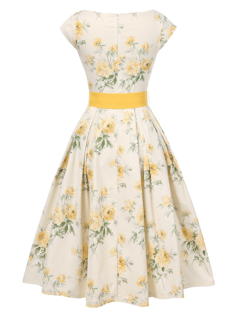 Yellow 1950s Boat Neck Antique Floral Dress — the kind of 1950s dress that makes strangers smile