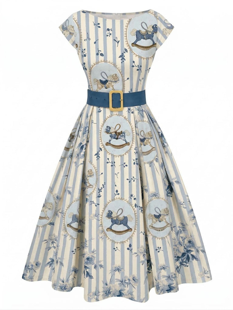 1950s Boat Neck Floral Rocking Horse Dress - vintage dress, retro fashion for women