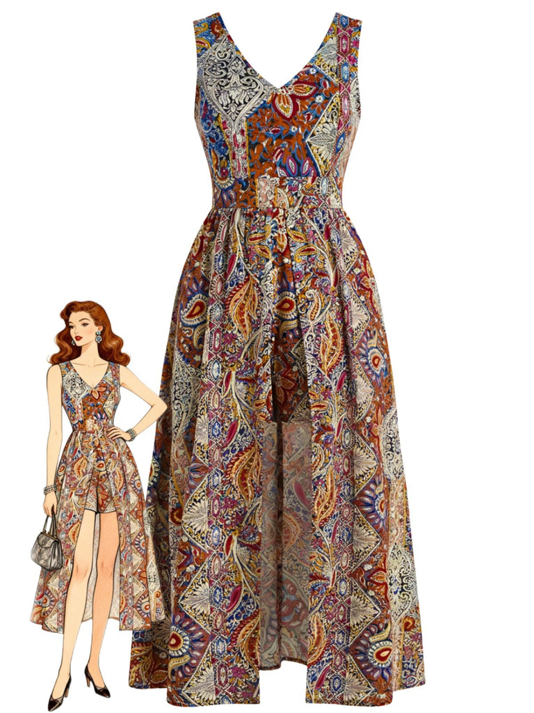 Multicolor 1950s Print V-Neck Sleeveless Romper