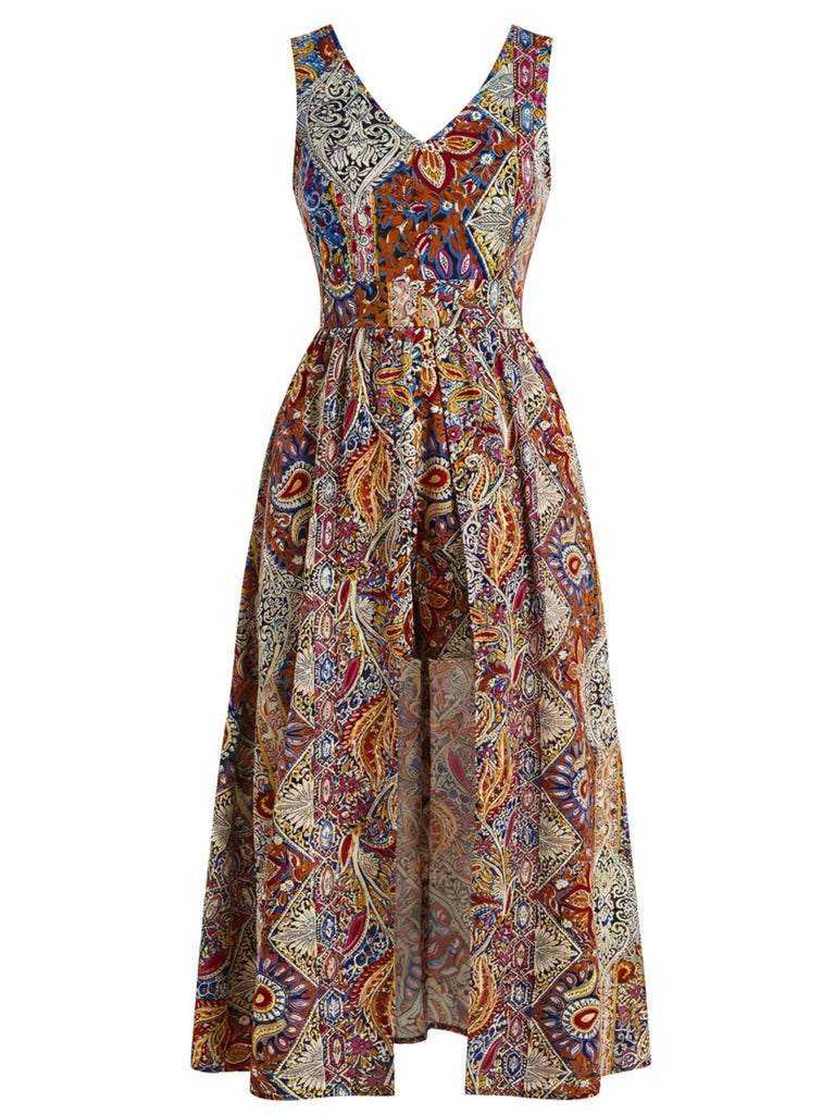 Multicolor 1950s Print V-Neck Sleeveless Romper