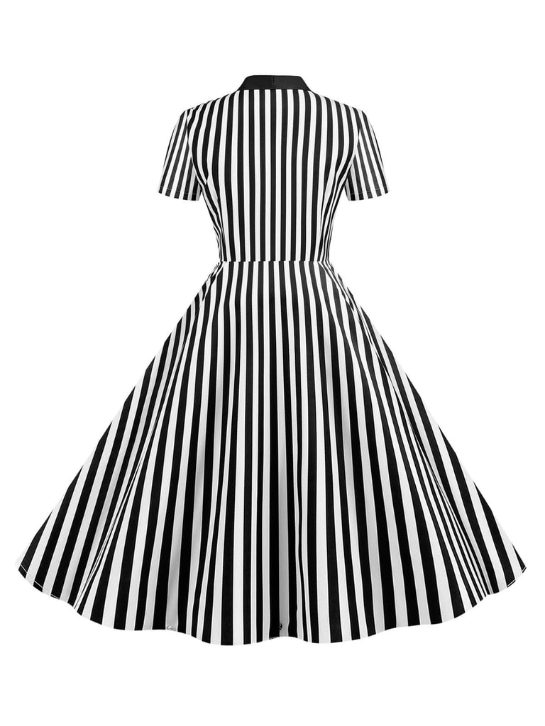 This 1950s Bow Collar Striped Dots Swing Dress wraps her in 1950s elegance, one twirl at a time