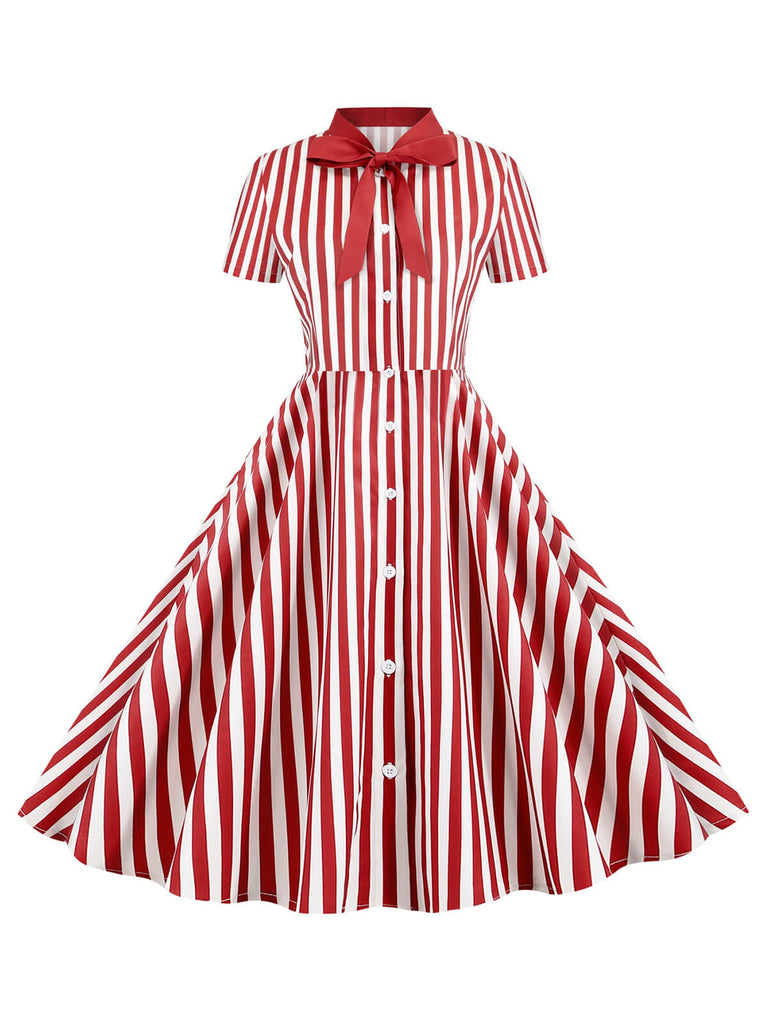 1950s Bow Collar Striped Dots Swing Dress — the kind of 1950s dress that makes strangers smile