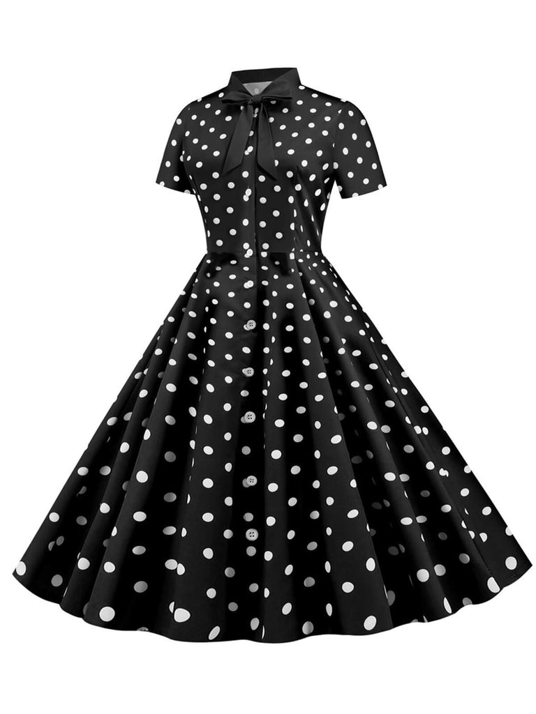 She slips into this 1950s Bow Collar Striped Dots Swing Dress and suddenly it's a 1950s daydream