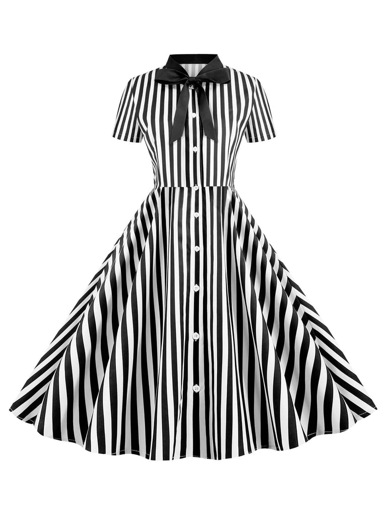Retro Stage 1950s Bow Collar Striped Dots Swing Dress Retro Stage 1950s Bow Collar Striped Dots Swing Dress
