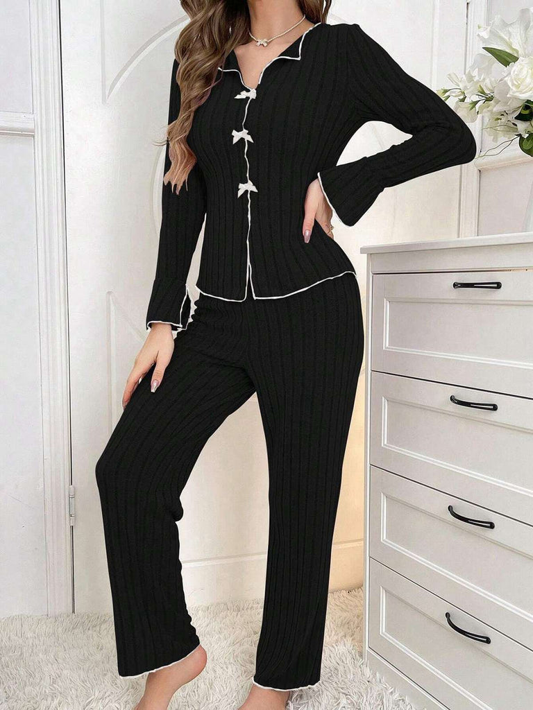 1950s Bow Knitted Ruffled Long Pajama Set - vintage fashion, retro style