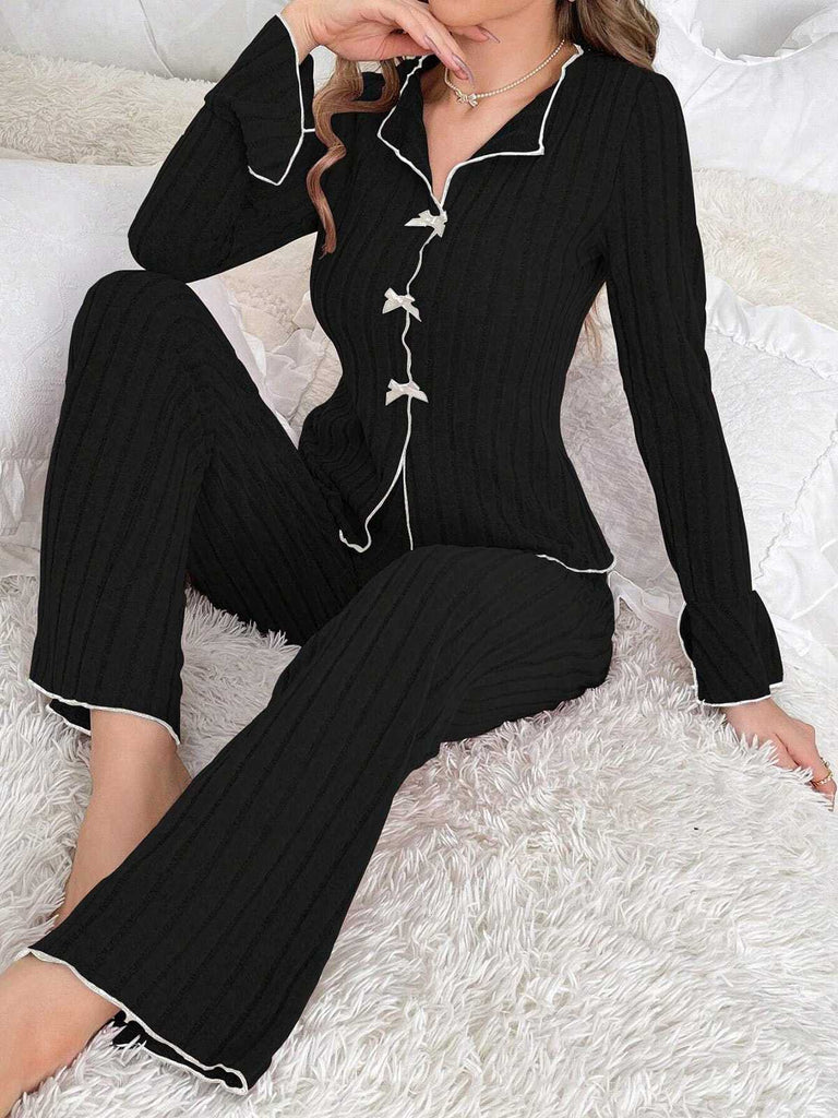 1950s Bow Knitted Ruffled Long Pajama Set - vintage fashion, retro style