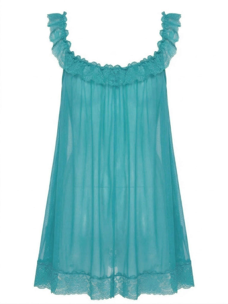 1950s Bow Lace Trim Sheer Mesh Babydoll Nightgown - vintage nightgown, retro sleepwear
