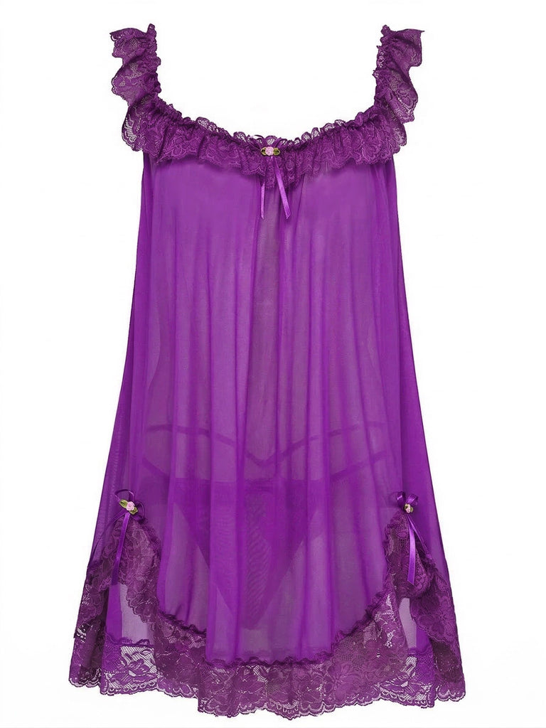 1950s Bow Lace Trim Sheer Mesh Babydoll Nightgown - vintage nightgown, retro sleepwear
