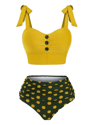 She's wearing 1950s Bowknot Spaghetti Strap Button Bikini and the whole beach remembers the 1950s