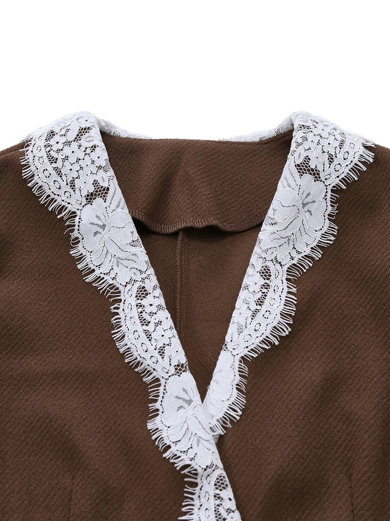 Brown 1950s Lace Patchwork Long Sleeve Button Jacket - vintage fashion, retro style