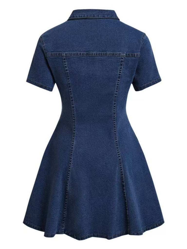 Blue 1950s Button Lapel Short Sleeve Denim Dress, vintage dress, retro fashion, rockabilly, pin-up fashion - perfect for women who love vintage and retro fashion