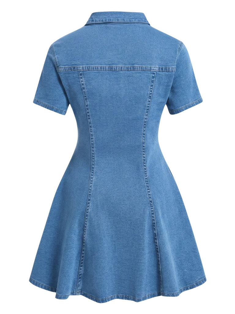 Blue Button Lapel Short Sleeve Denim Dress
