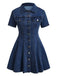 Blue 1950s Button Lapel Short Sleeve Denim Dress, vintage dress, retro fashion, rockabilly, pin-up fashion - perfect for women who love vintage and retro fashion