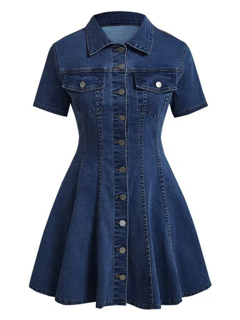 Blue Button Lapel Short Sleeve Denim Dress