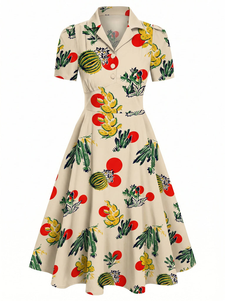 short sleeve swing dress Pre-Sale] 1950s Cactus Print Collar Short Sleeve Swing Dress