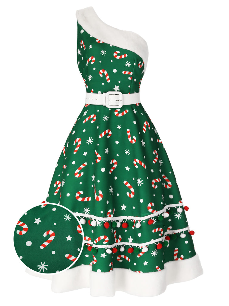 Novelty Christmas Candy Cane Print One Shoulder Dress | Faux Fur Trim & Pom Pom Detail | 1950s Retro Holiday Party Dress Novelty Christmas Candy Cane Print One Shoulder Dress | Faux Fur Trim & Pom Pom Detail | 1950s Retro Holiday Party Dress