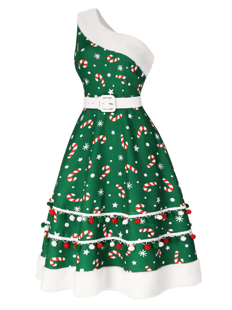 Novelty Christmas Candy Cane Print One Shoulder Dress | Faux Fur Trim & Pom Pom Detail | 1950s Retro Holiday Party Dress Novelty Christmas Candy Cane Print One Shoulder Dress | Faux Fur Trim & Pom Pom Detail | 1950s Retro Holiday Party Dress