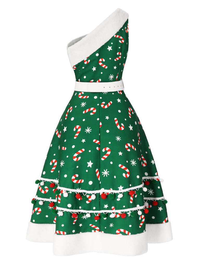 Green 1950s Candy Cane One-Shoulder Dress, vintage dress, retro fashion, rockabilly, pin-up fashion - perfect for women who love vintage and retro fashion
