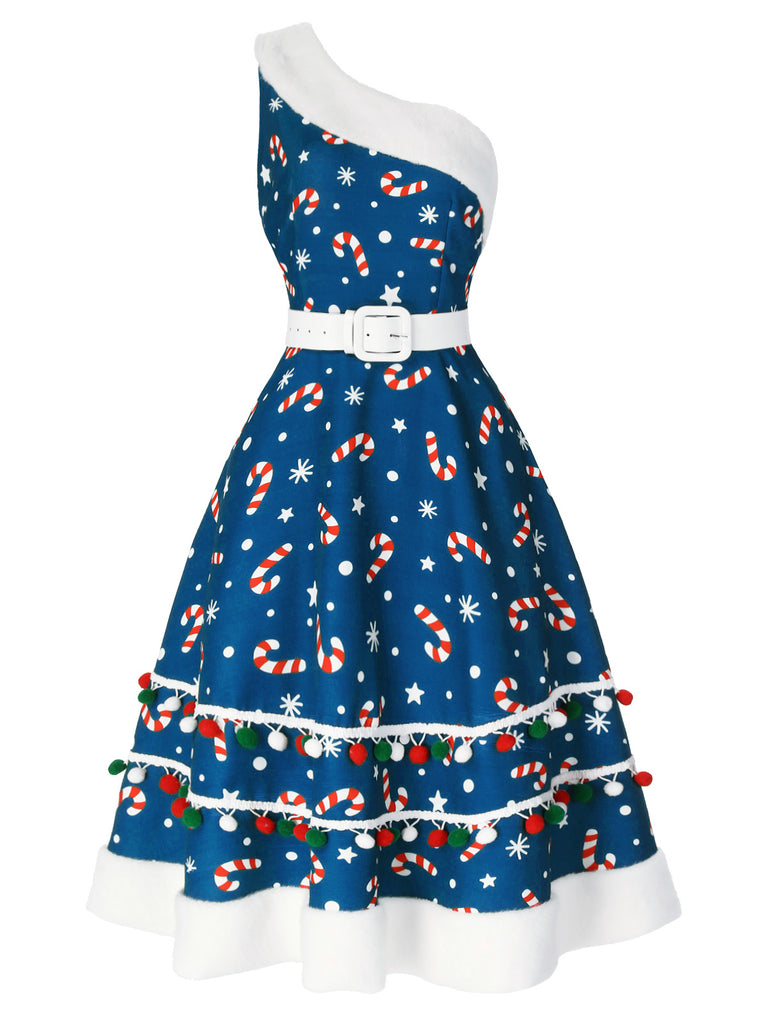 Blue 1950s Candy Cane One-Shoulder Dress Blue 1950s Candy Cane One-Shoulder Dress