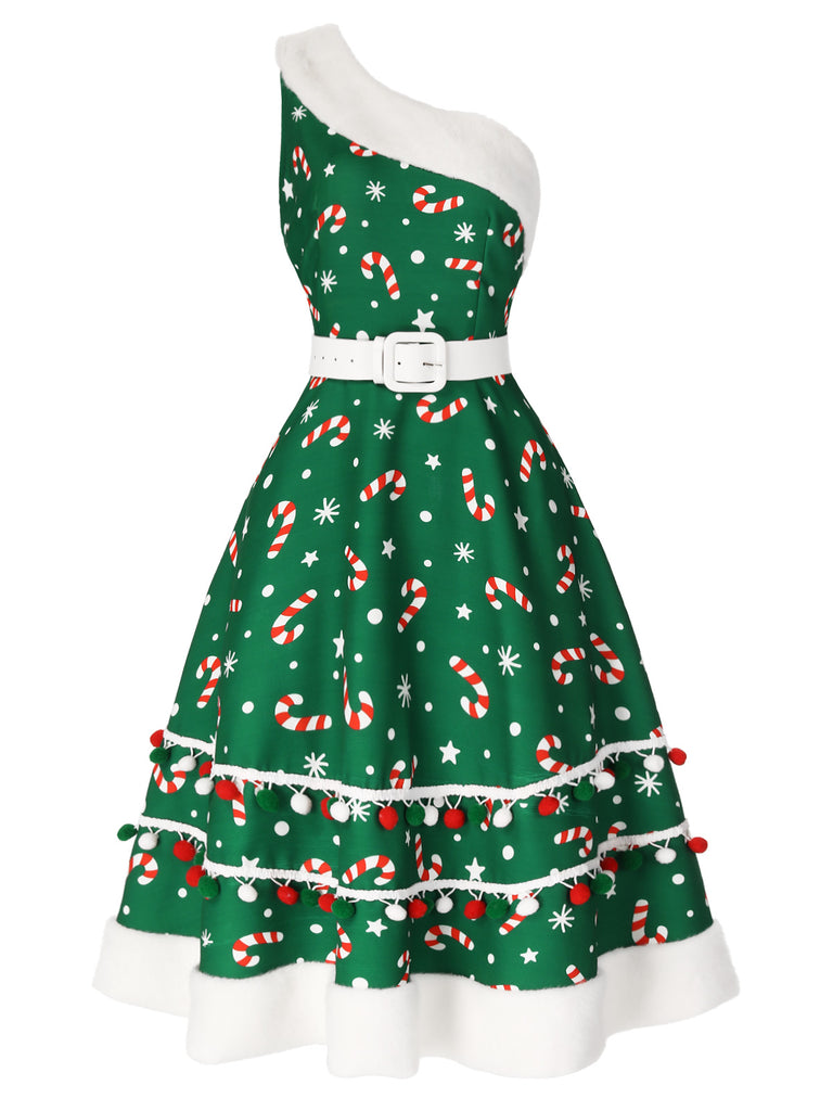 Novelty Christmas Candy Cane Print One Shoulder Dress | Faux Fur Trim & Pom Pom Detail Novelty Christmas Candy Cane Print One Shoulder Dress | Faux Fur Trim & Pom Pom Detail