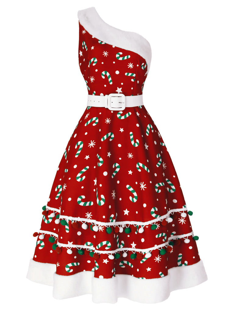 Red 1950s Candy Cane One-Shoulder Dress Red 1950s Candy Cane One-Shoulder Dress