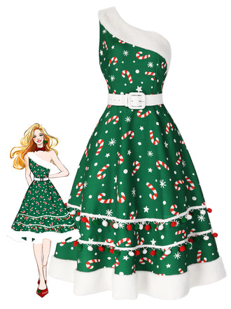 She slips into this 1950s Candy Cane One-Shoulder Dress and suddenly it's a 1950s daydream