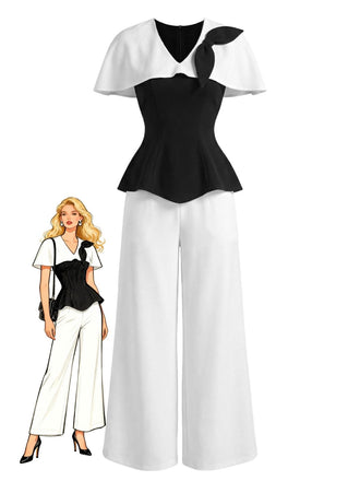 2PCS Black & White 1950s Cape Collar ColorBlock Top & Pants - vintage fashion, retro style, classic black