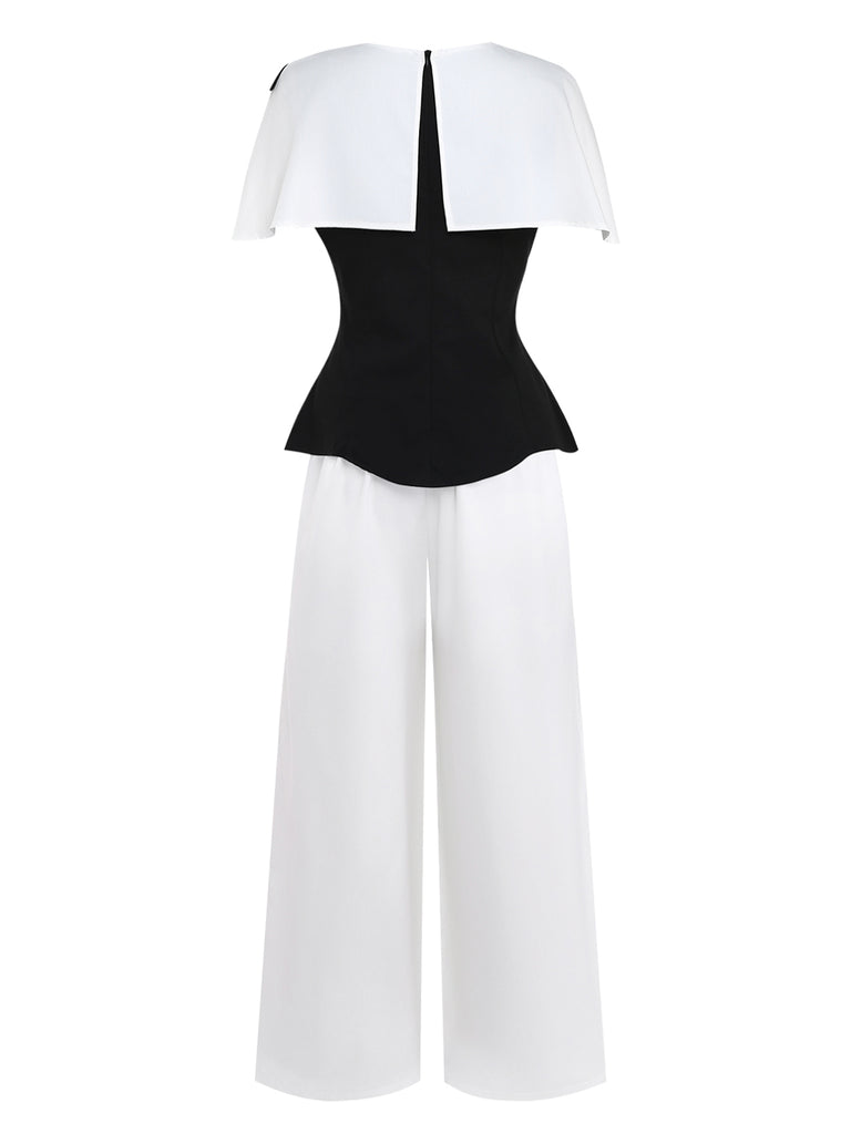 2PCS Black & White 1950s Cape Collar ColorBlock Top & Pants - vintage fashion, retro style, classic black